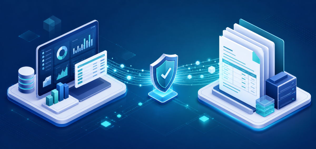 Secure ERP and tax-compliance data integration illustration