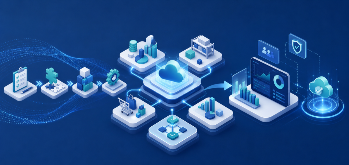 Connected ERP implementation modules and go-live illustration