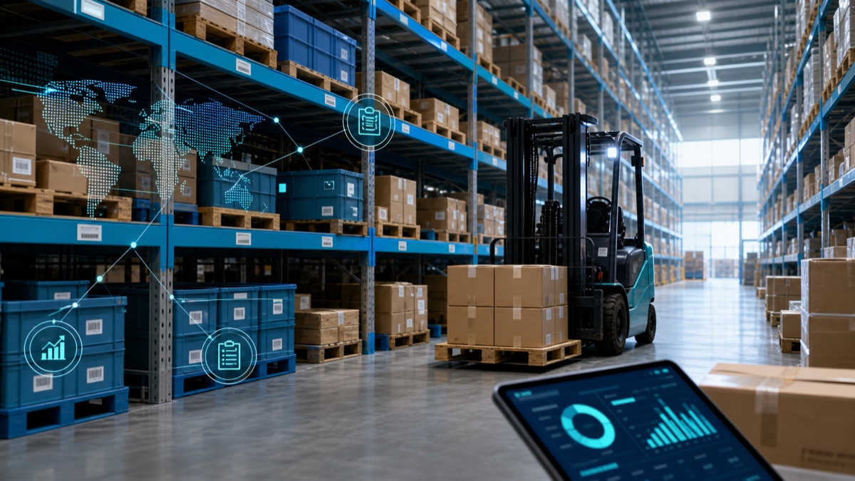 Warehouse bins and forklift representing NetSuite WMS operations